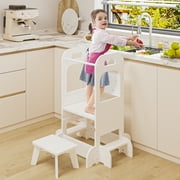 Yoneston Adjustable Kids Learning Standing Tower with One Stool, Wooden Step Stool with Safety Rails, Kitchen Stool Helper for Toddlers, White