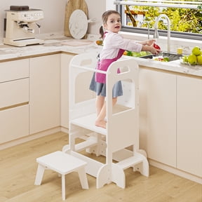 Aromei Adjustable Learning Standing Tower with One Stool, Wooden Step Stool with Safety Rails, Kitchen Helper Stool, White