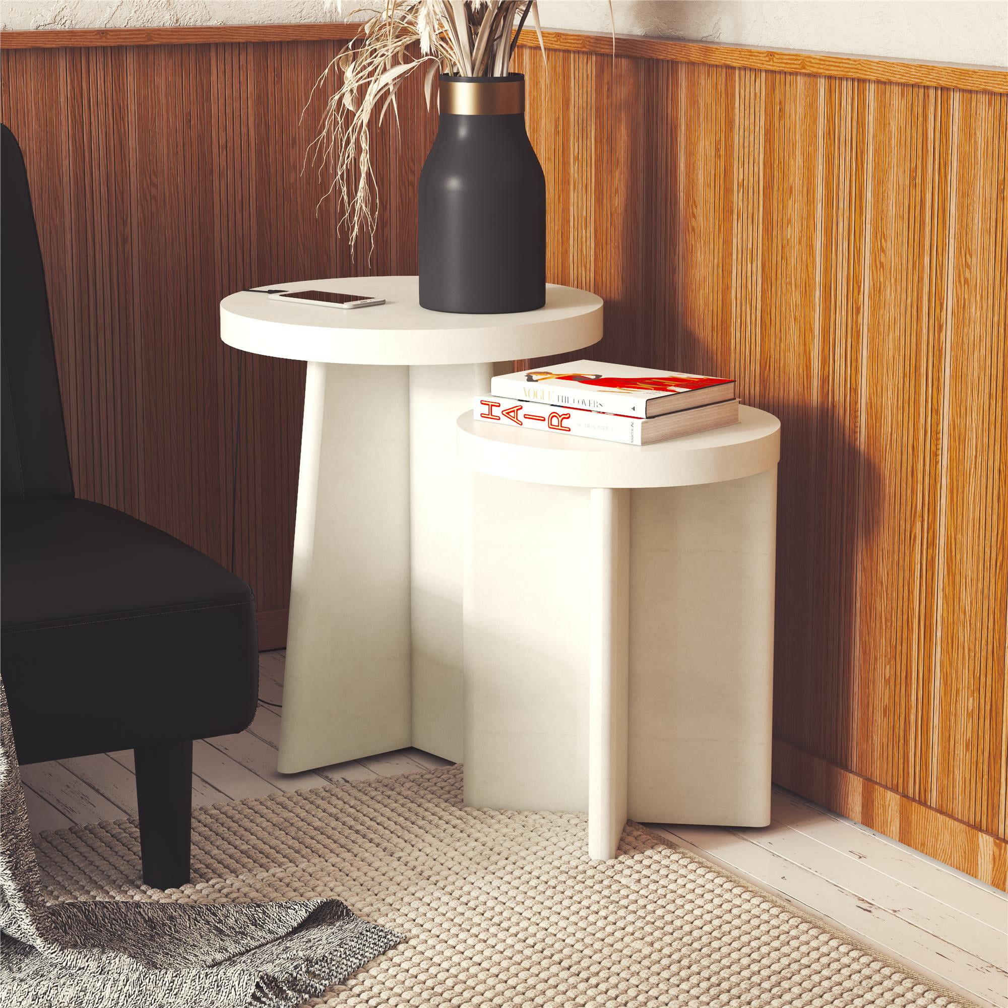 Yoneston Alabaster Round End Tables Set of 2 with Tapered X-Shaped Pedestal Bases, Side Table for Living Room, White