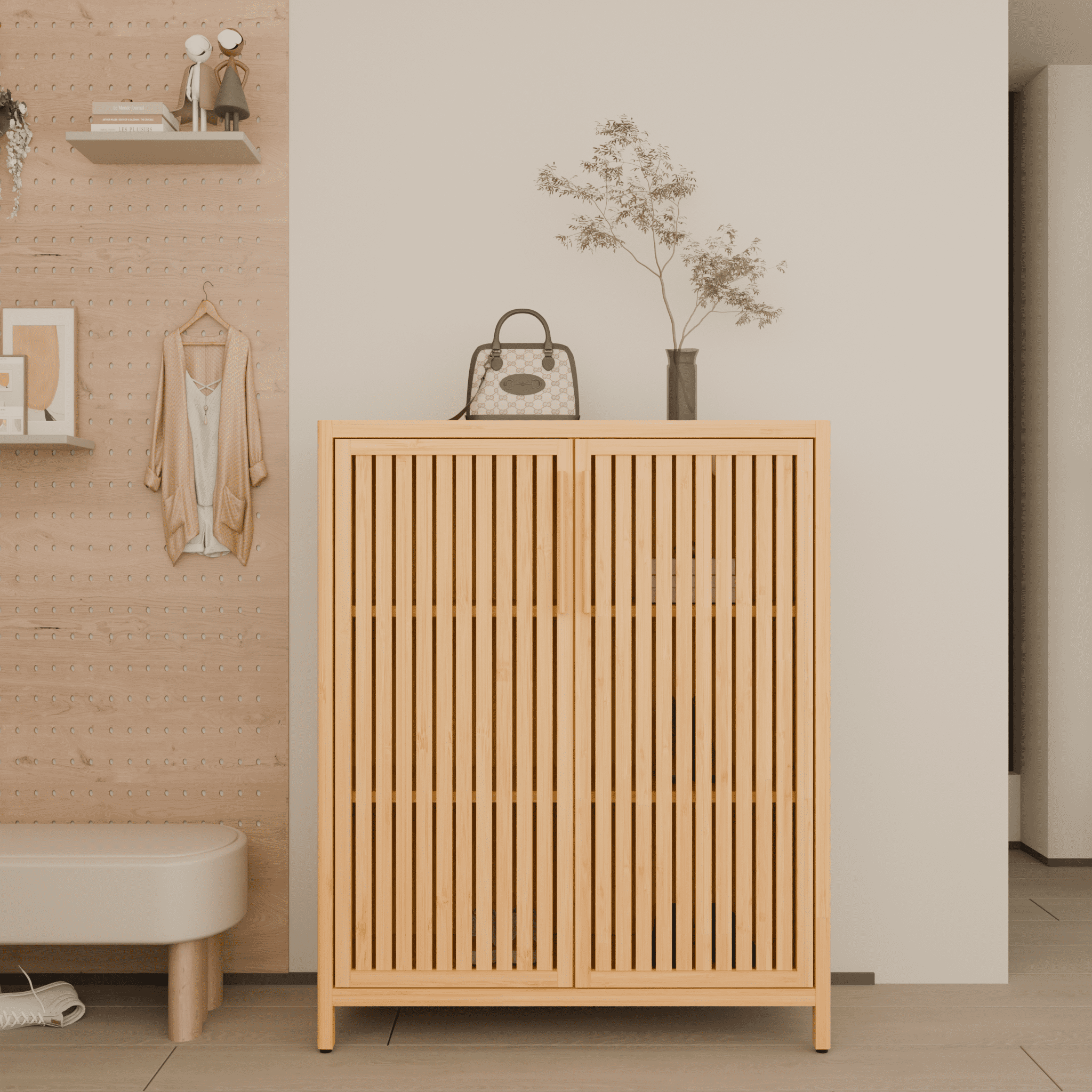 Yoneston Bamboo Storage Cabinet with Doors, Home Office 3-Tier Shoe Rack Shelves for Entryway, Bathroom, Living Room Natural