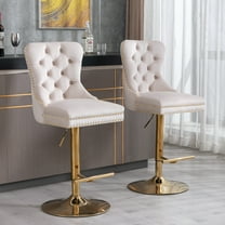 Yoneston Bar Stools Set of 2, Adjustable Height Bar Stools with Tufted Velvet Upholstery, Nailhead Trim & Gold Metal Base, Modern Counter Stools for Pub, Kitchen Island, Beige