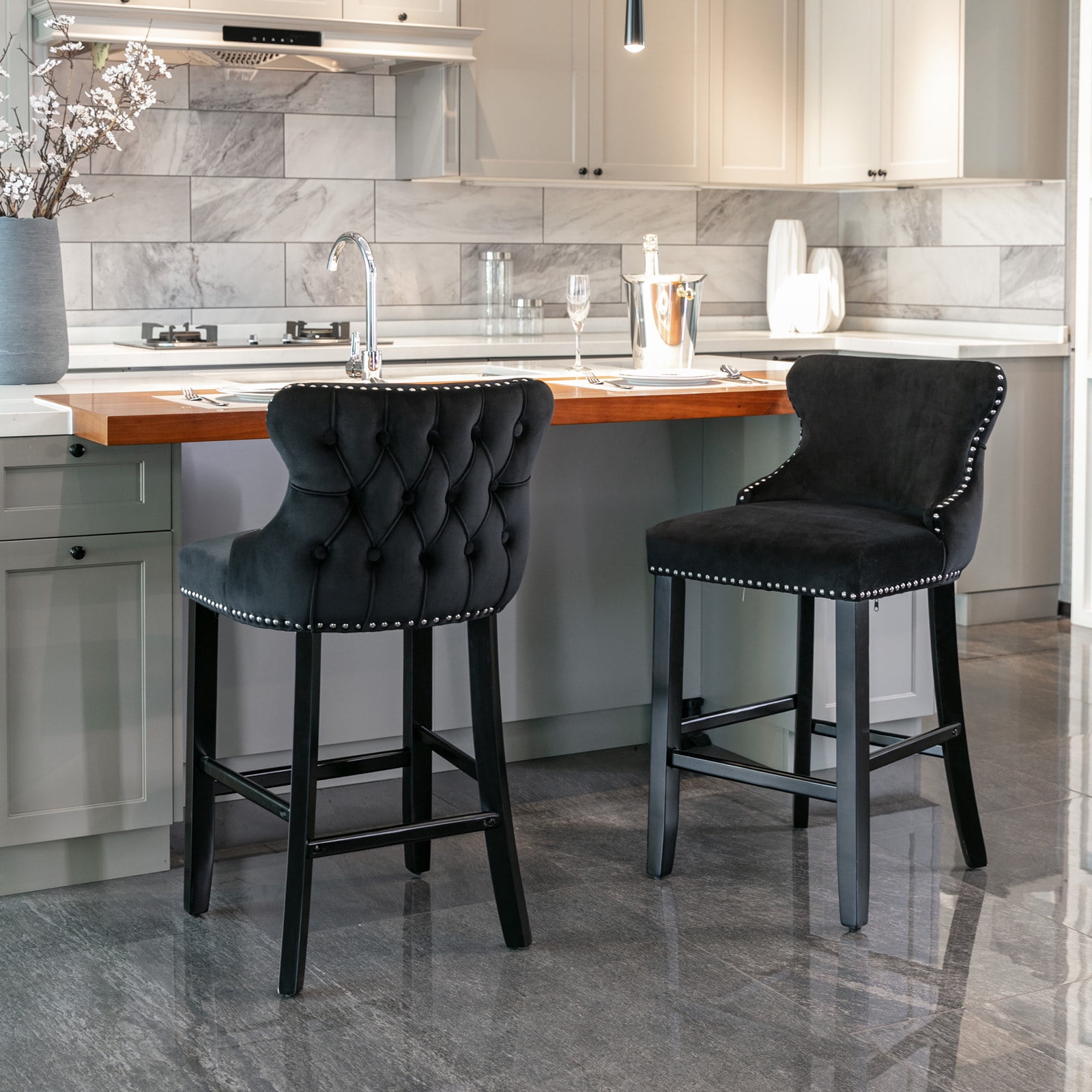 Yoneston Bar Stools Set of 2, Upholstered High-End Tufted Bar Stool with Nailhead Trim & Wooden Legs, Modern Velvet Bar Chair with Leisure Style for Bar, Kitchen Island, Black