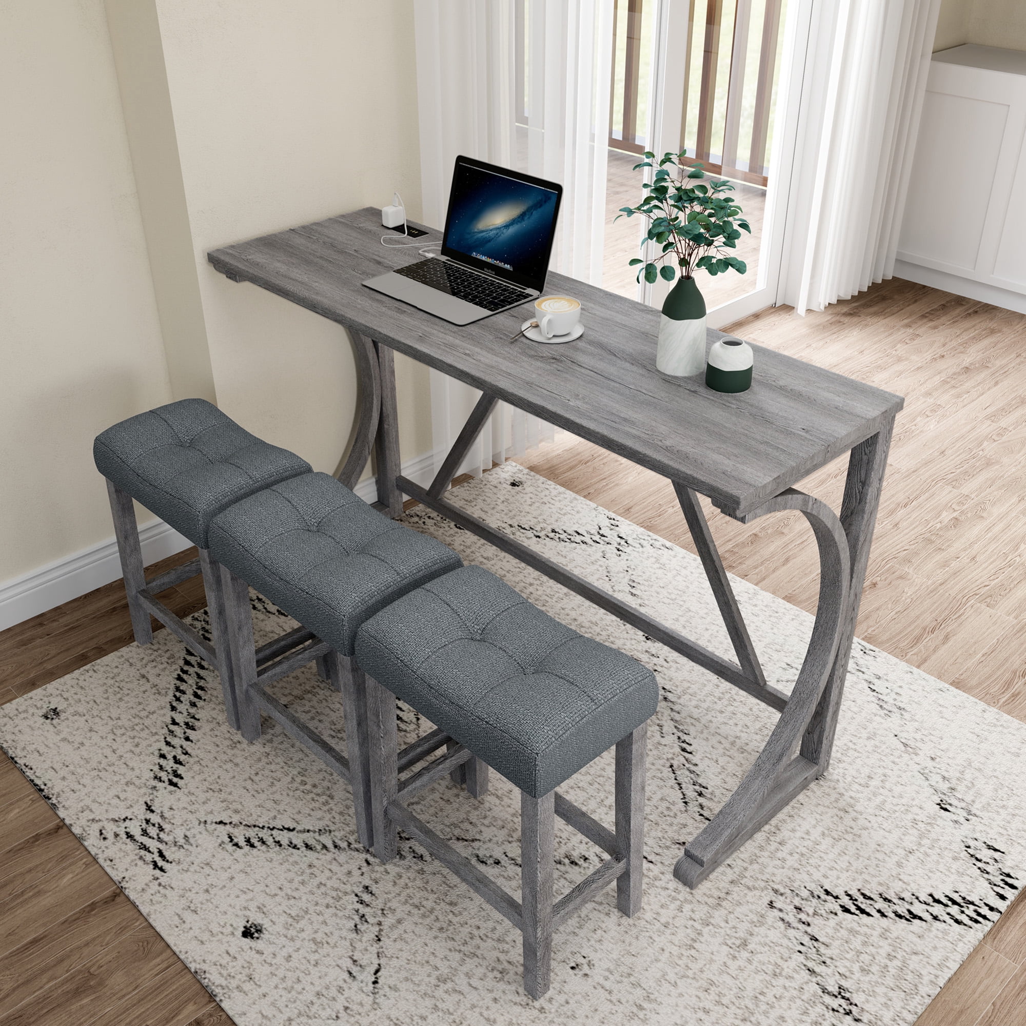 Yoneston Bar Table Stool Set with Power Outlet, 4 Piece Dining Table with Chairs Set, Industrial Breakfast Table Set for Living Room, Dining Room, Game Room, Gray