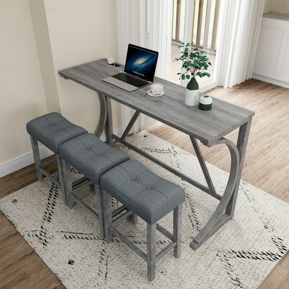 Yoneston Bar Table Stool Set with Power Outlet, 4 Piece Dining Table with Chairs Set, Industrial Breakfast Table Set for Living Room, Dining Room, Game Room, Gray