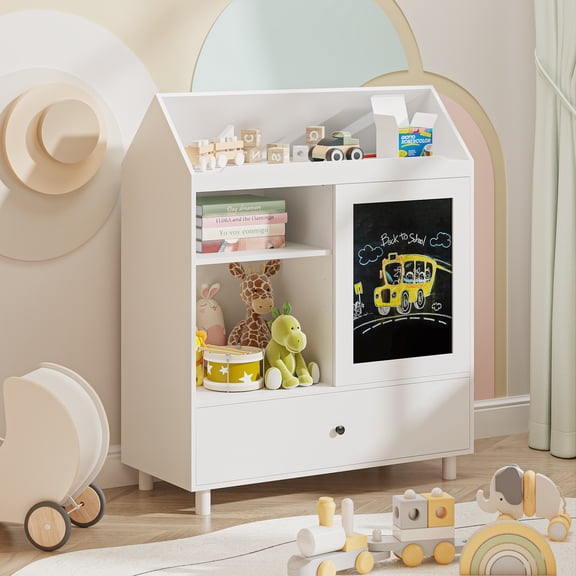 Aromei Bookcase with Magnetic Blackboard & Storage Drawer, Toy Organizer Cabinet with Reading Top Area for Playroom Classroom, White