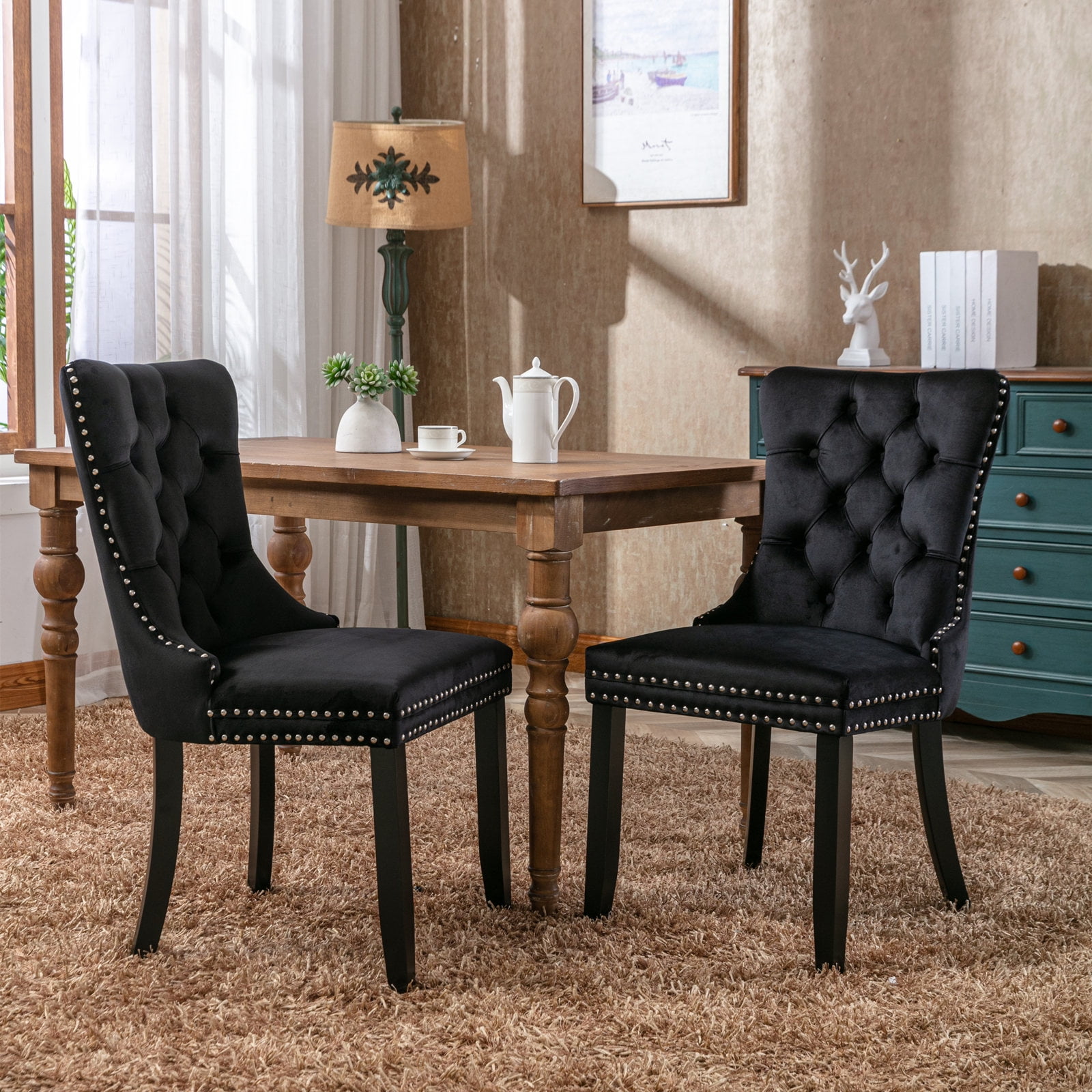 Yoneston Dining Chairs Set of 2, Upholstered High-End Tufted Dining Room Chair with Nailhead & Ring Pull Trim, Modern Velvet Chairs with Solid Wood Legs for Kitchen, Black