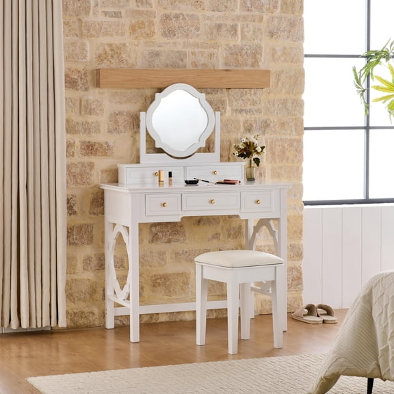 Yoneston Classic White Vanity Set with Adjustable Scalloped Mirror, 5 Storage Drawers and Upholstered Cushioned Stool Included for Bedroom Dressing Room, White