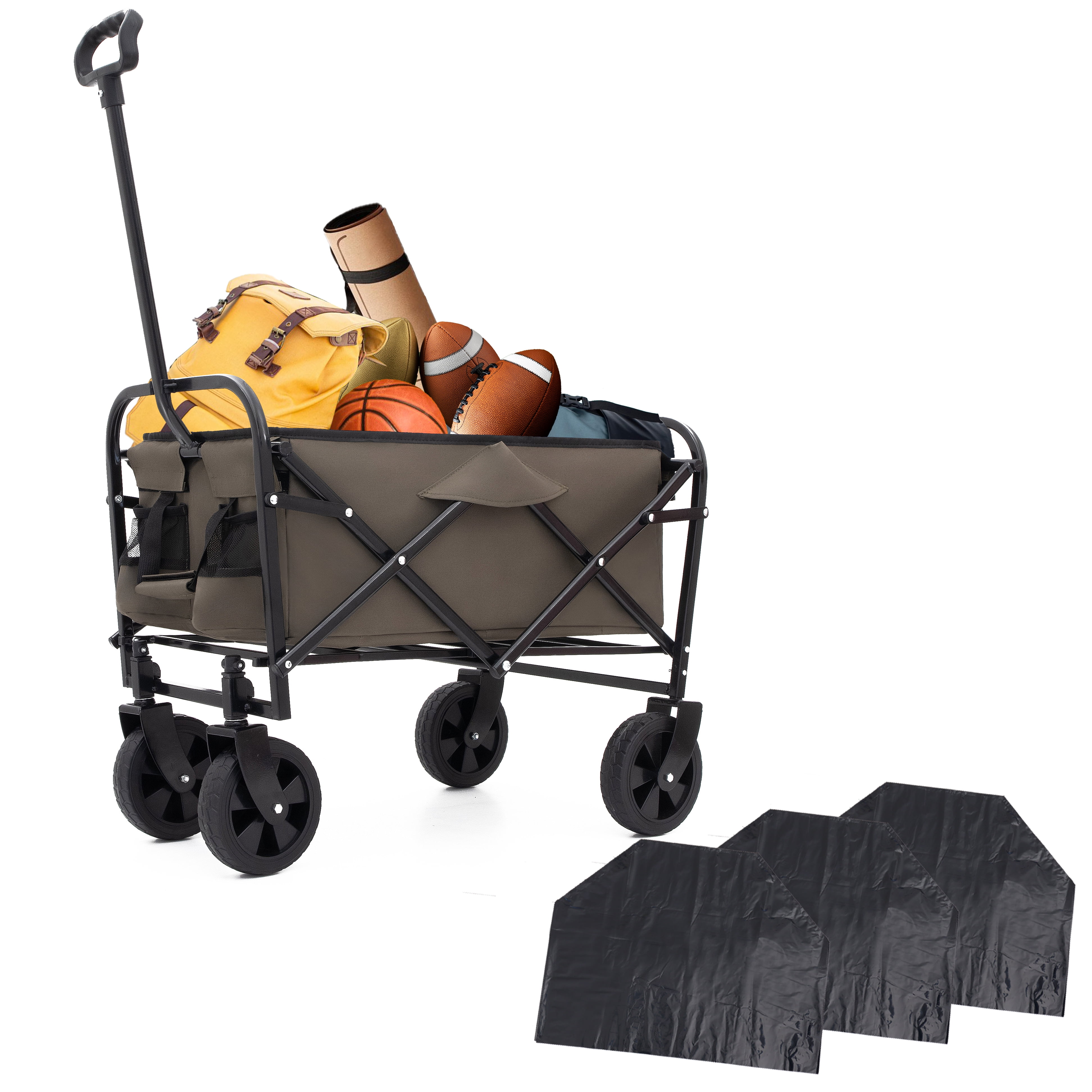 Yoneston Collapsible Wagon Cart, Portable Heavy Duty Utility Wagon with 3pcs Plastic Liner Cover Bag for Camping, Picinc, Shopping, Beach, Grocery Transport, Green