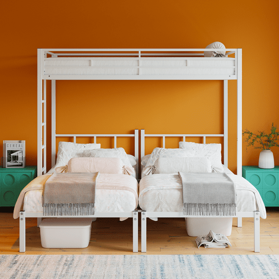 Yoneston Convertible Triple Bunk Bed, 3 in 1 Metal Bunk Bed with Safety Guardrails & Ladder for Dorm, Guest Room, No Boxing Spring Needed, White