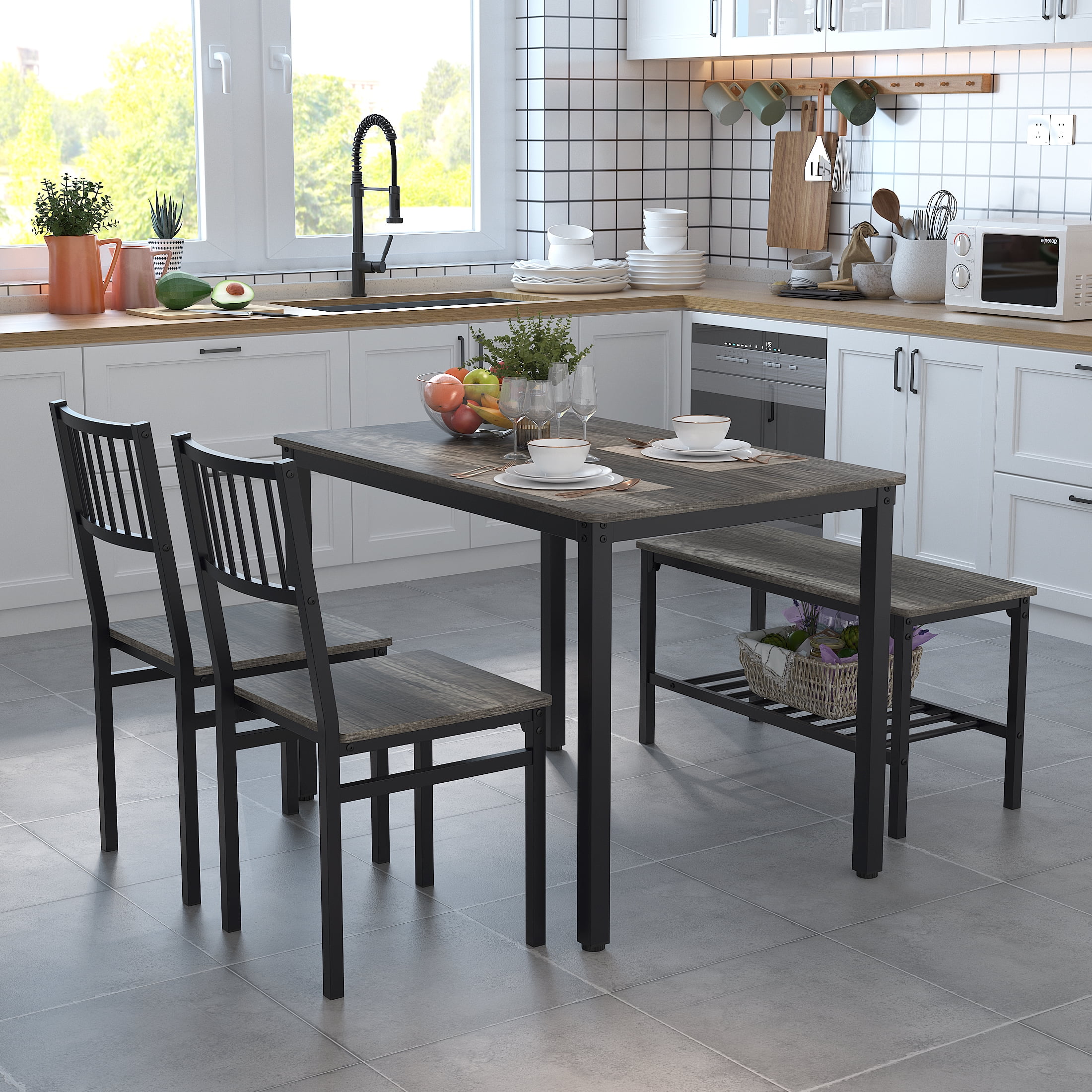 Yoneston Dinner Table 4 Seats, Kitchen Breakfast Table Set with Chairs and Bench, Oak - Walmart.com