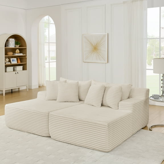 Yoneston Double Sectional Lazy Sofa, Couch Corduroy Chaise Lounge Loveseat Sofa Bed Comfy Upholstered Seat with Cushions for Living Room Bedroom, No Assembly Required, Beige