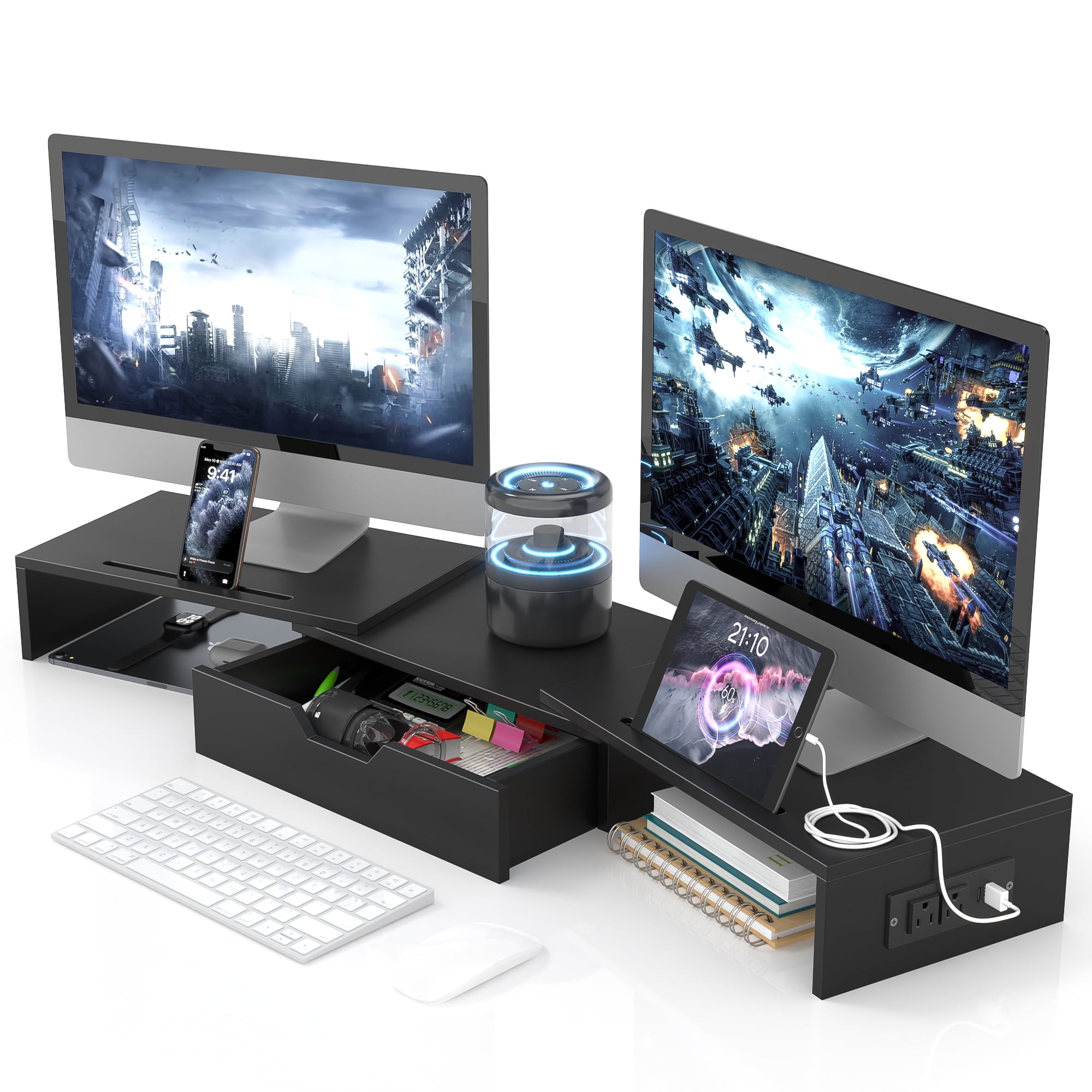 Yoneston Dual Monitor Stand Riser with Charger, Adjustable Length and Angle Desk Organizer with Drawer, Computer Monitor Stand with Phone Holder for PC, Laptop, Printer, Black