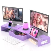 Yoneston Dual Monitor Stand Riser with Charger, Adjustable Length and Angle Desk Organizer with Drawer, Computer Monitor Stand with Phone Holder for PC, Laptop, Printer, Purple