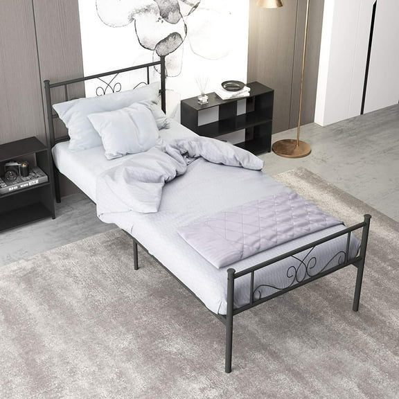 Yoneston Easy Set-Up Metal Bed Frame Platform No Box Spring with Headboard and Footboard, Twin, Black