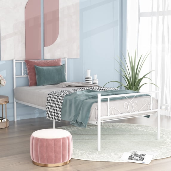 Yoneston Easy Set-up Premium Metal Bed Frame Platform Box Spring with Headboard for Kids, Twin, White