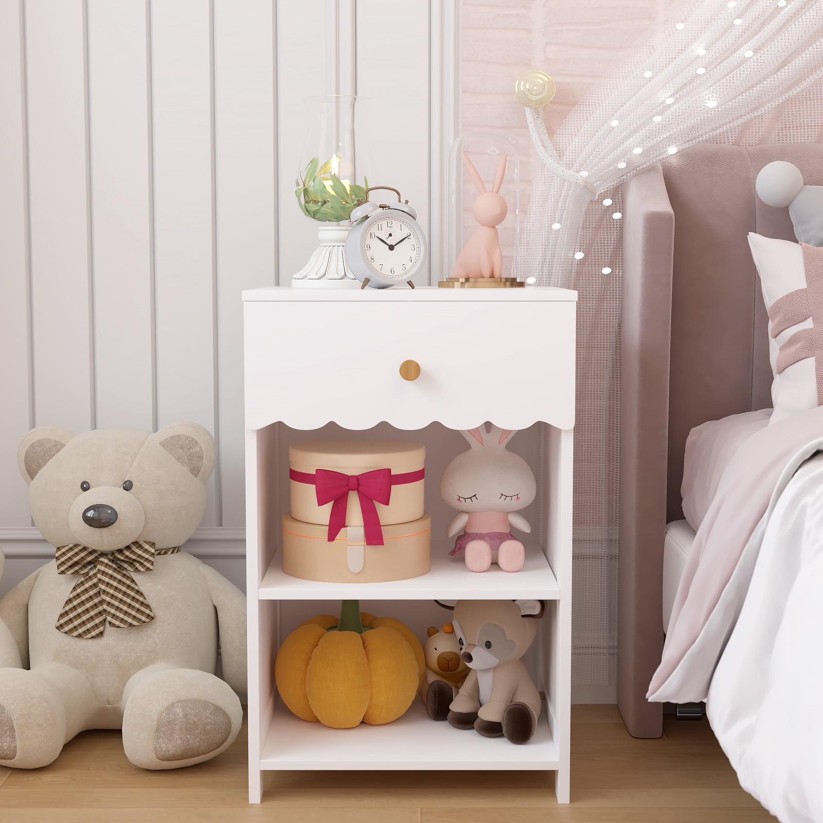 Yoneston Elegant 3-Tier Open Shelf Nightstand with Drawer Storage for Kid's Room Bedside Bedroom, Snow White