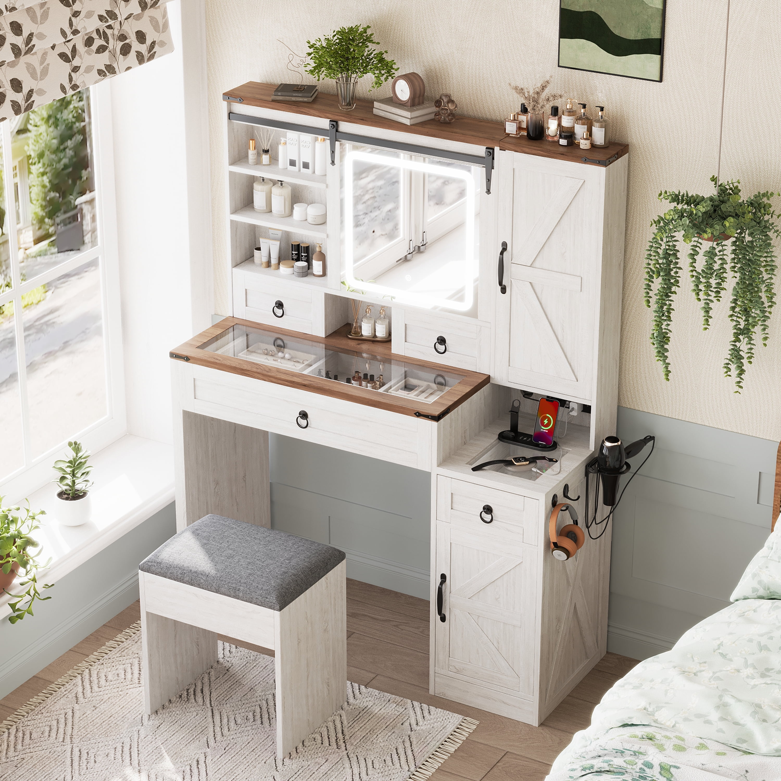 Yoneston Farmhouse Power Outlet Vanity Set with Sliding LED Mirror, Dressing Table with 4 Drawers and 2 Cabinets & Stool, Makeup Vanity Desk with Hooks & Hair Dryer Stand for Bedroom, White