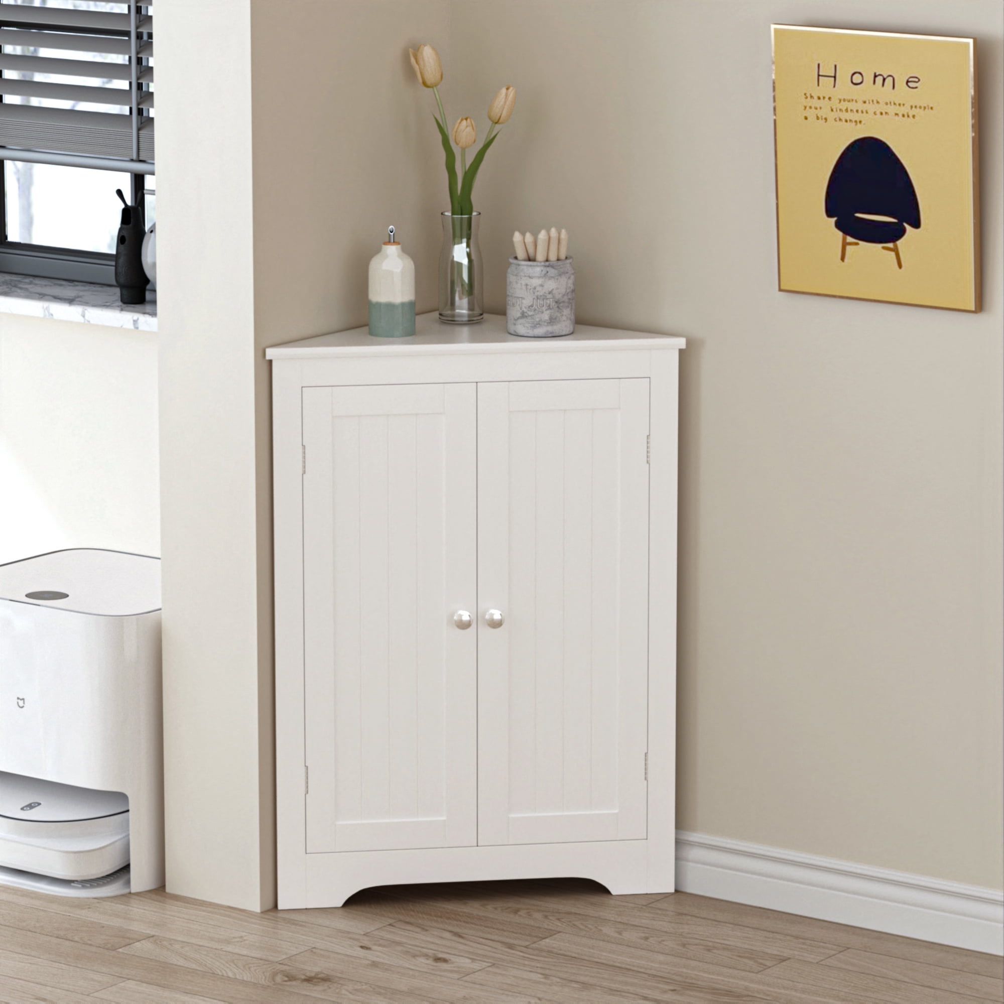 Yoneston Floor Corner Cabinet with 2 Doors and Adjustable Shelves, Freestanding Narrow Cabinet Organizer for Bathroom Kitchen Living Room Bedroom, White