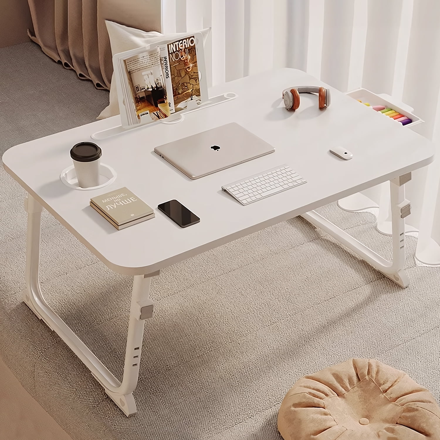 Yoneston Folding Laptop Bed Table, 23.6inch Portable Bed Tray Height Adjustable Laptop Desk with iPad Slots, Drawer and Cup Holder for Working Reading Writing, Eating, Watching-White