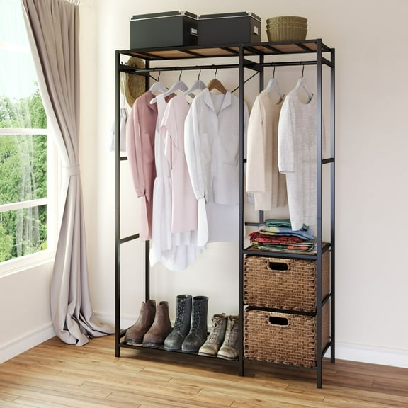 Yoneston Freestanding Closet Organizer, Metal Garment Rack with Shelves & Hanging Rods, Clothes Rack for Bedroom Entryway Storage, Brown