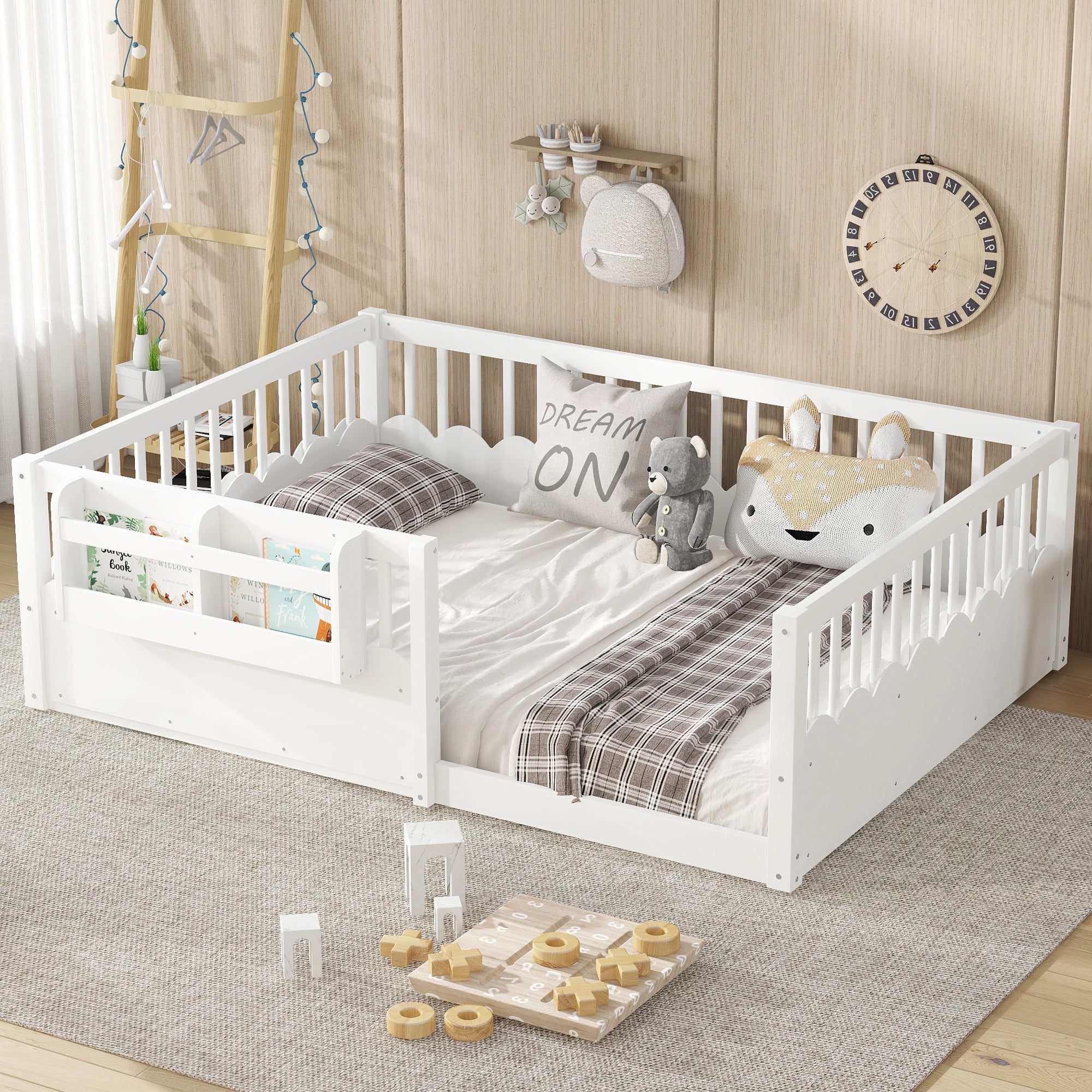 Mintazer Full Montessori Floor Bed with Bookshelf & Heightened Fence, Kids Wood Floor Bed for Boys and Girls, White