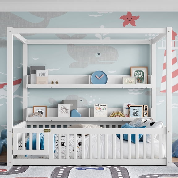 Mintazer Full Floor Canopy Bed with 4 Shelves & Guardrails, Wood Montessori Floor Bed Frame for Kids, Boys, Girls, No Spring Box Needed, White