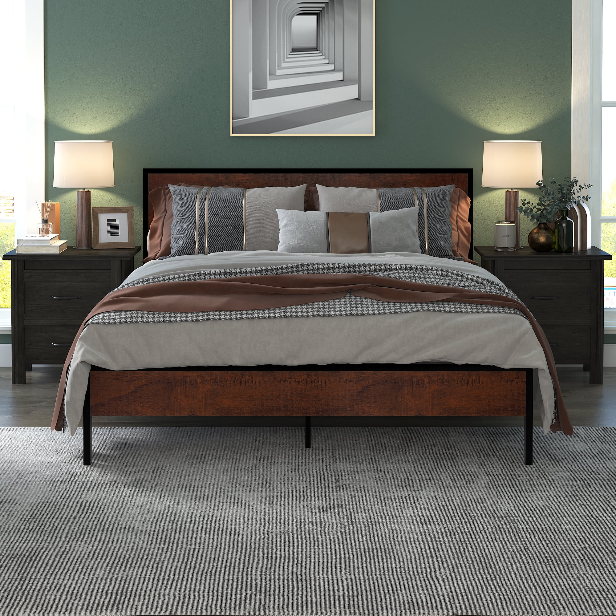 Yoneston Full Metal Bed Frame with Wood Headboard Strong Slat Support