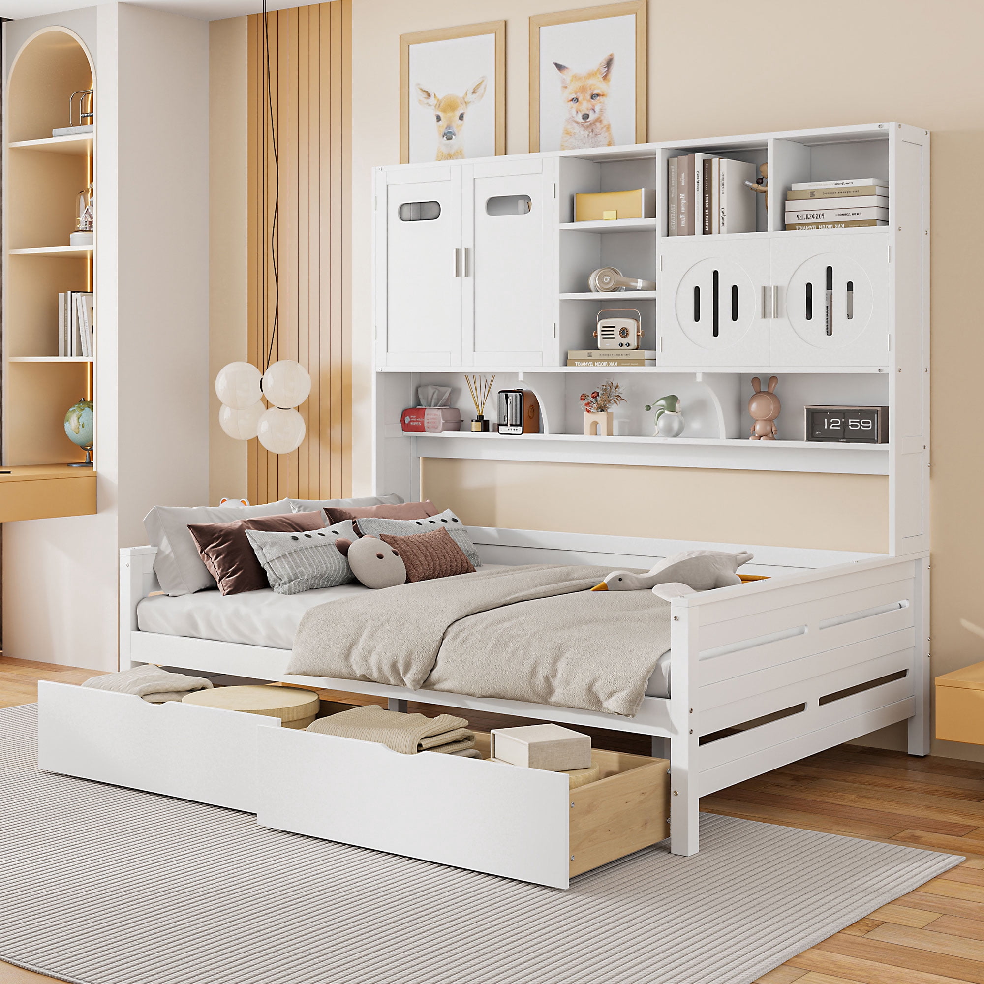 Mintazer Full Platform Bed with Side Bookcase & 2 Drawers and 2 Cabinets, All-in-one Wood Storage Daybed Frame for Kids Teens Bedroom Playroom Guest Room, White