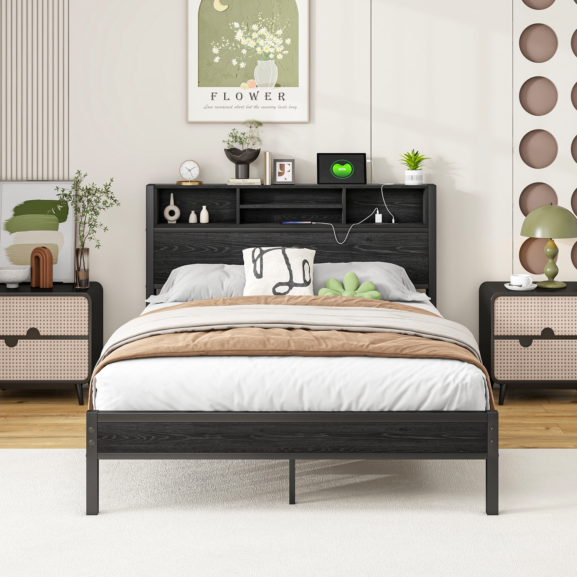 Yoneston Full Size Bed Frame with Storage Headboard, Metal Platform Bed for Charging Station & Bookcase Storage, No Box Spring Needed, Easy Assembly, Black