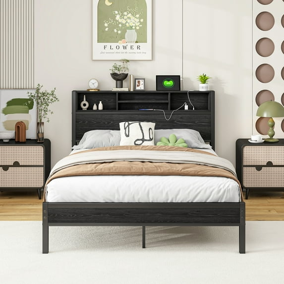 Yoneston Full Size Bed Frame with Storage Headboard, Metal Platform Bed for Charging Station & Bookcase Storage, No Box Spring Needed, Easy Assembly, Black