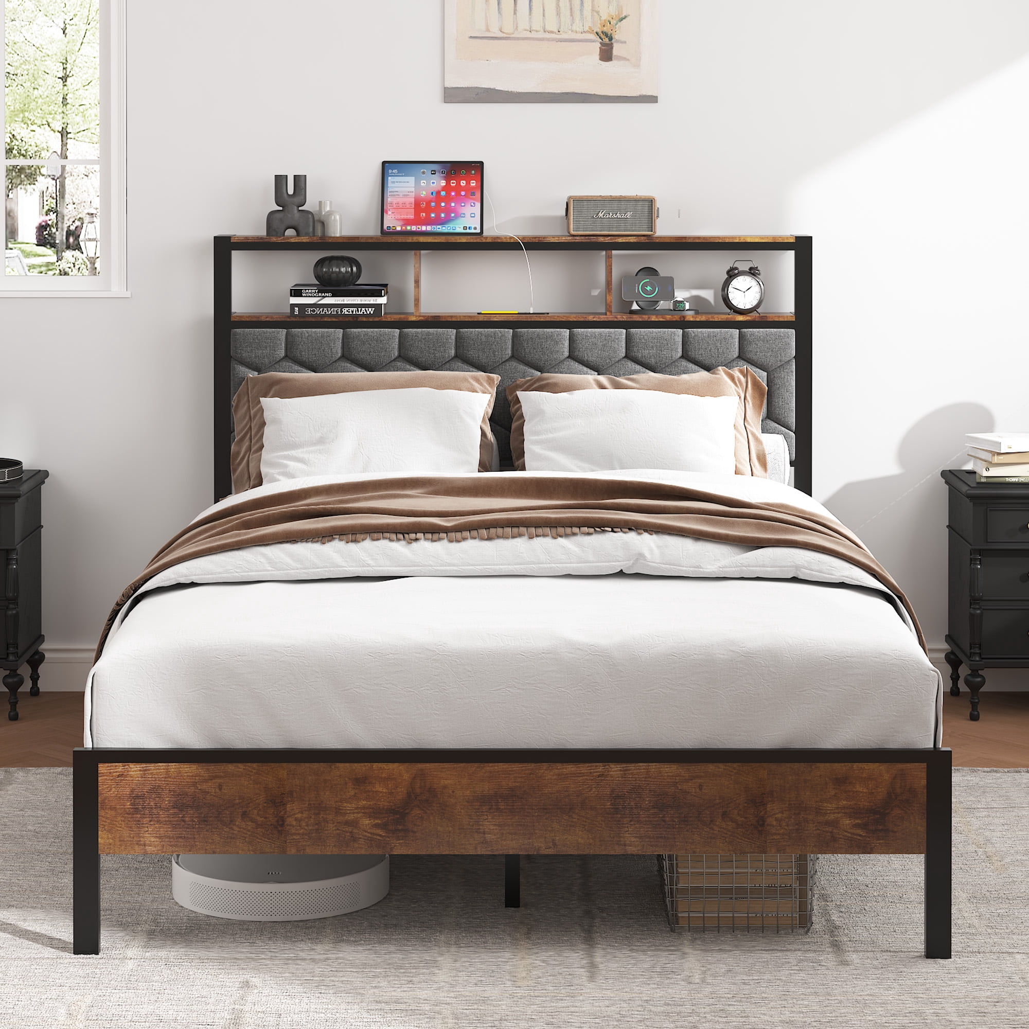 Yoneston Full Size Bed Frame with Upholstered Storage Headboard and USB Charging, Retro Metal Platform Bed Frame with Under-Bed Storage Noise Free for Bedroom, Brown
