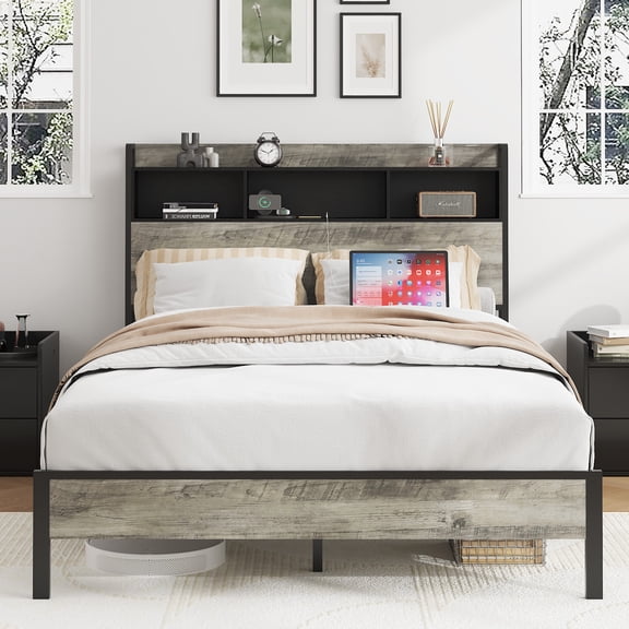 Yoneston Full Size Bed Frame with Wood Storage Headboard Shelves and Center Charging Station for Kids Boys Girls, Antique Gray