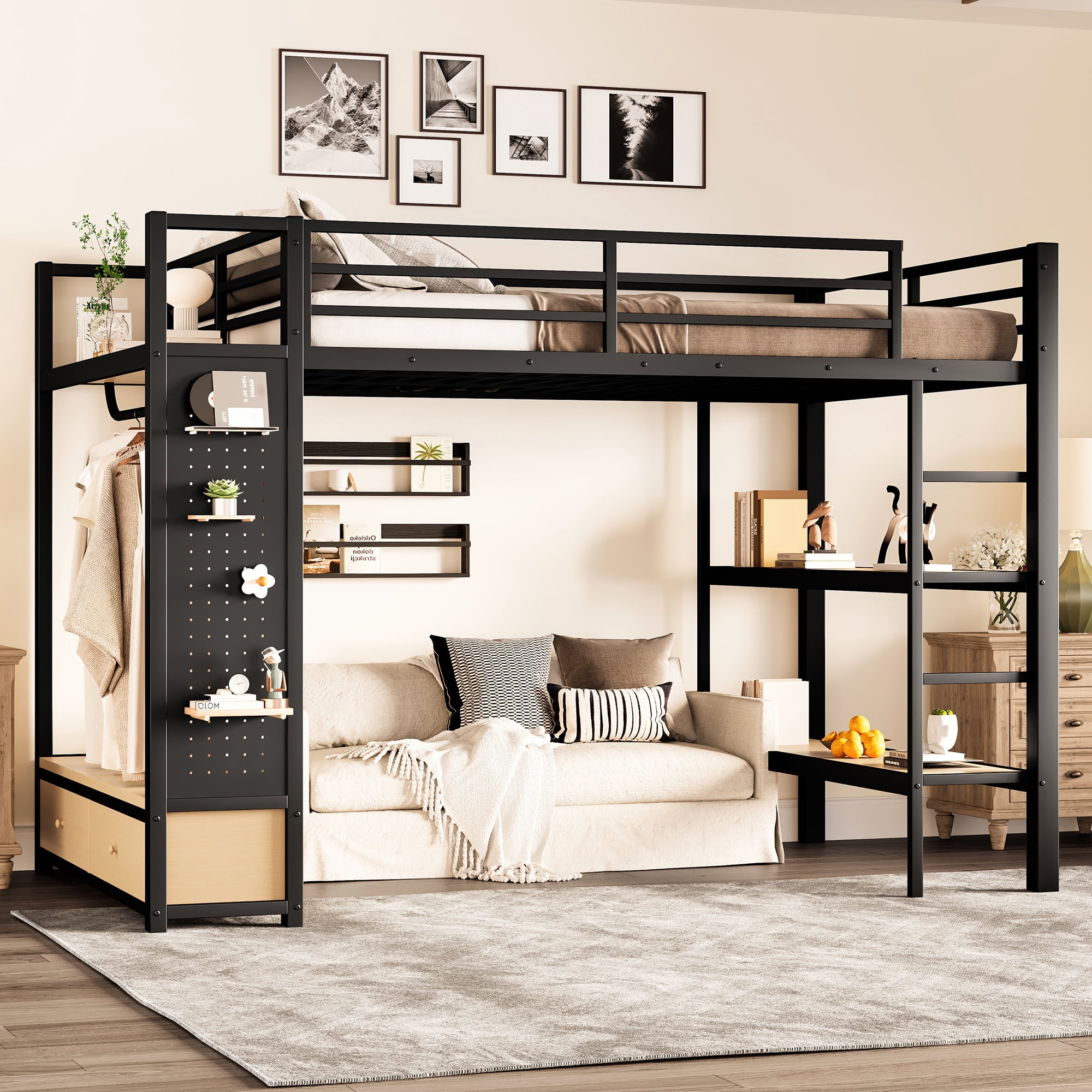 Mintazer Full Size Loft Bed with Pegboard and Wardrobe, Metal Platform Storage Bed with 2 Drawers & 4 Shelves for Bedroom Dorm, Black