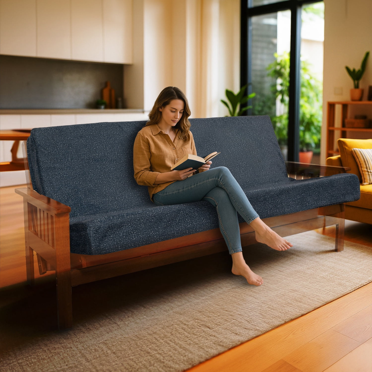 Yoneston Full Size Memory Foam Futon Mattress, Thick Foldable Sofa Bed Cushion with Washable Removable Cover for Guest Room Apartment Dorm, Denim