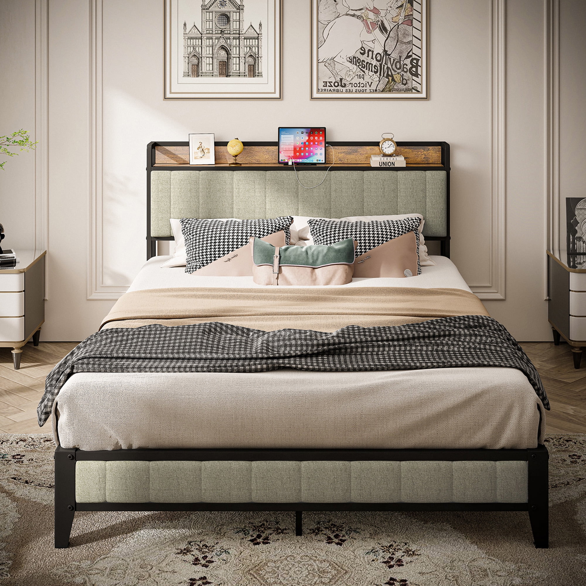 Yoneston Full Size Metal Bed Frame with Upholstered Headboard and ...