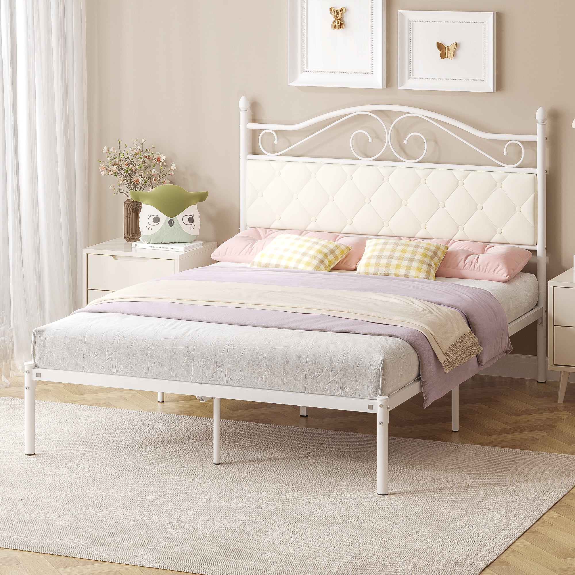 Yoneston Full Size Metal Platform Bed Frame with Faux Leather Upholstered Headboard for Adults Kids Bedroom Furniture, White