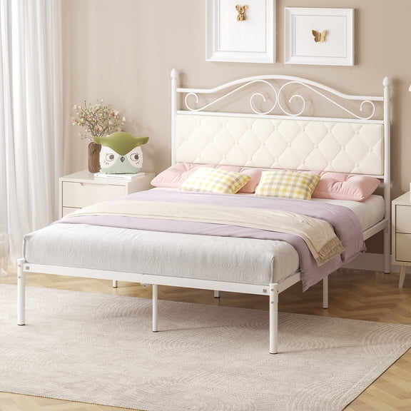 Yoneston Full Size Metal Platform Bed Frame with Faux Leather Upholstered Headboard for Adults Kids Bedroom Furniture, White