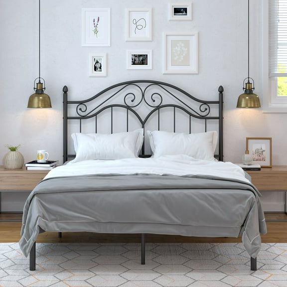 Yoneston Full Size Metal Platform Bed Frame with Vintage Headboard, Sturdy Steel Slat Mattress Foundation with 11" Under-Bed Storage, Black