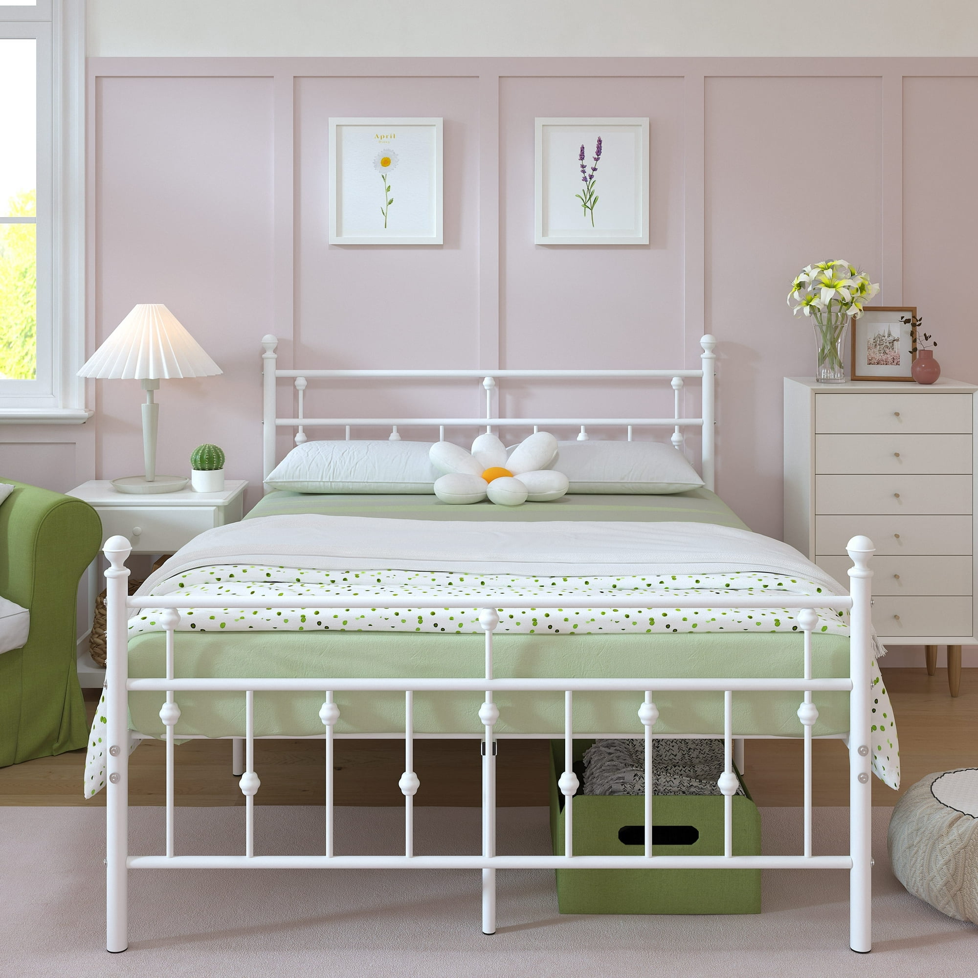 Yoneston Full Size Metal Platform Frame with Retro Headboard and 14-Inch Storage for Teens Adult, No Box Spring Needed - White