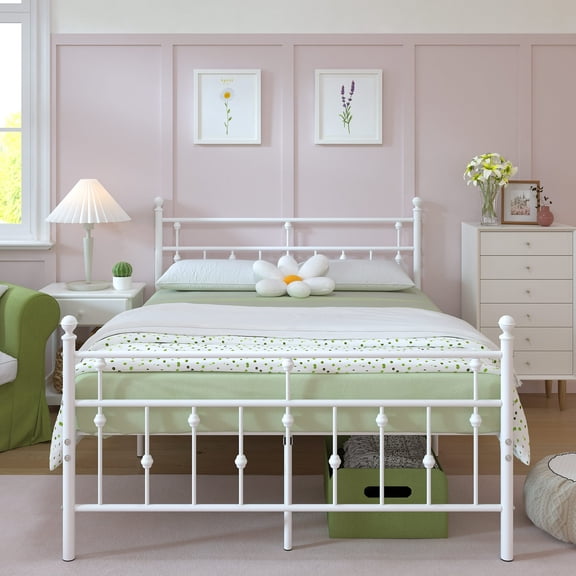 Yoneston Full Size Metal Platform Frame with Retro Headboard and 14-Inch Storage for Teens Adult, No Box Spring Needed - White