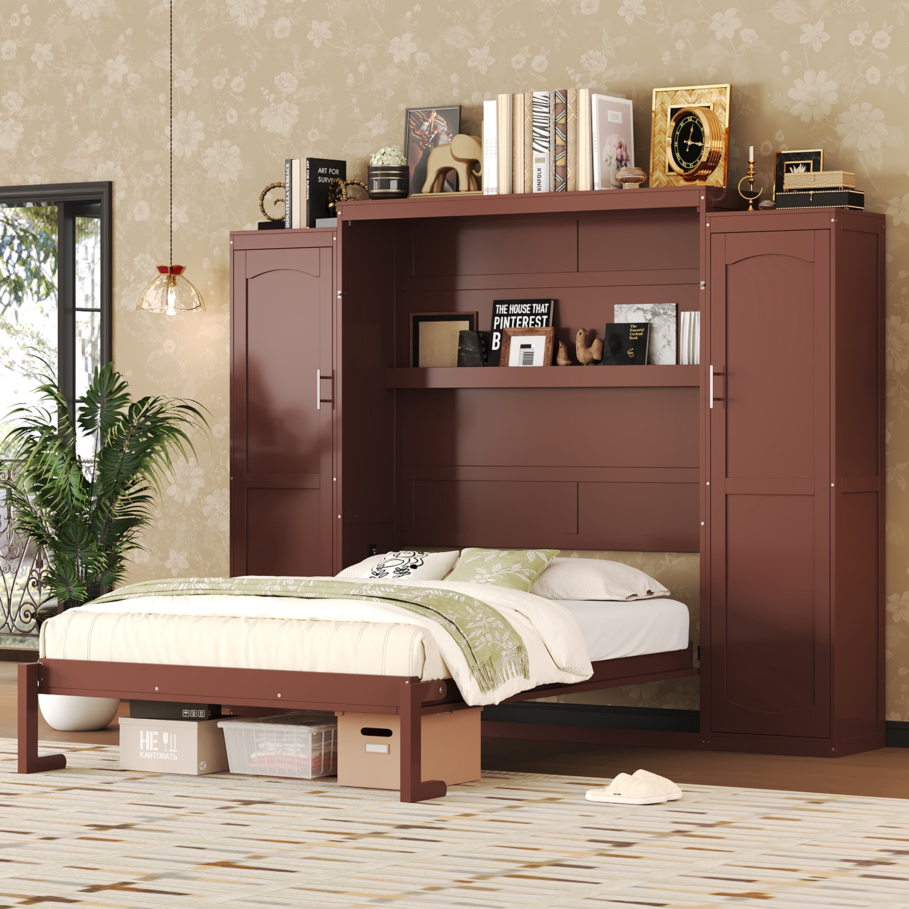 Yoneston Full Size Modern Murphy Bed with 2 Wardrobe & Storage Shelf, Multifunctional Foldable Platform Bed Frame with for Guestroom Bedroom, Brown