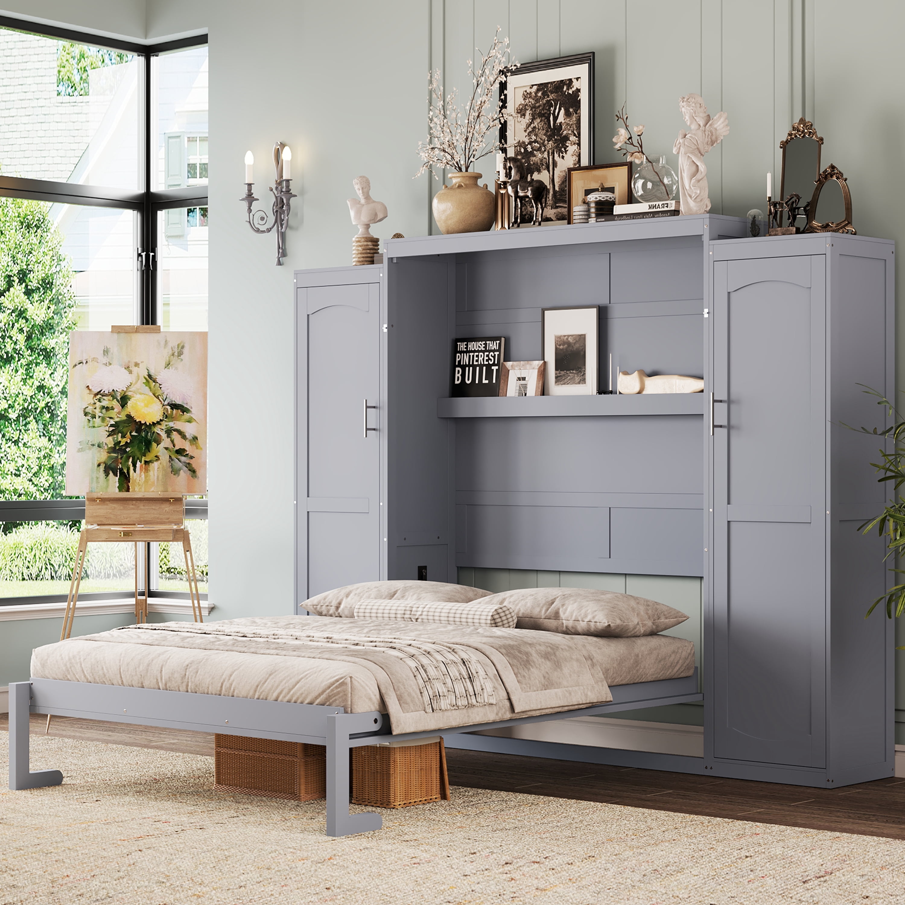 Yoneston Full Size Modern Murphy Bed with 2 Wardrobe & Storage Shelf, Multifunctional Foldable Platform Bed Frame with for Guestroom Bedroom, Gray