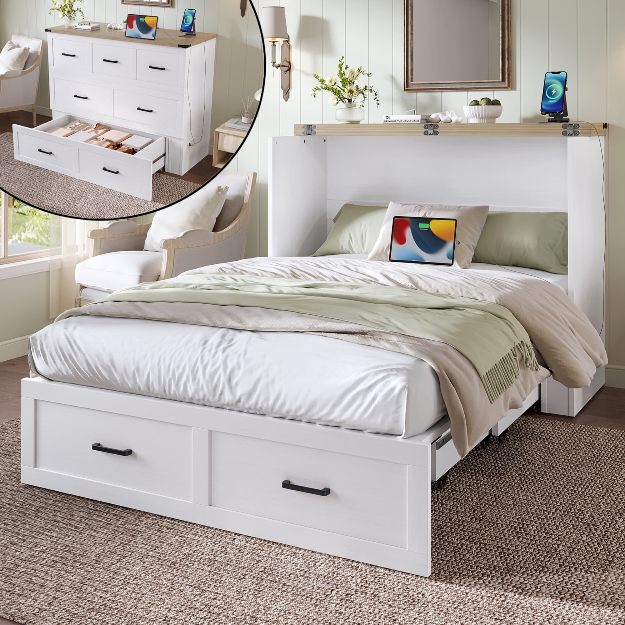 Yoneston Full Size Murphy Cabinet Bed with Storage Drawers & Charging Station, Foldable Platform Bed for Guest Room Bedroom Living Room, White