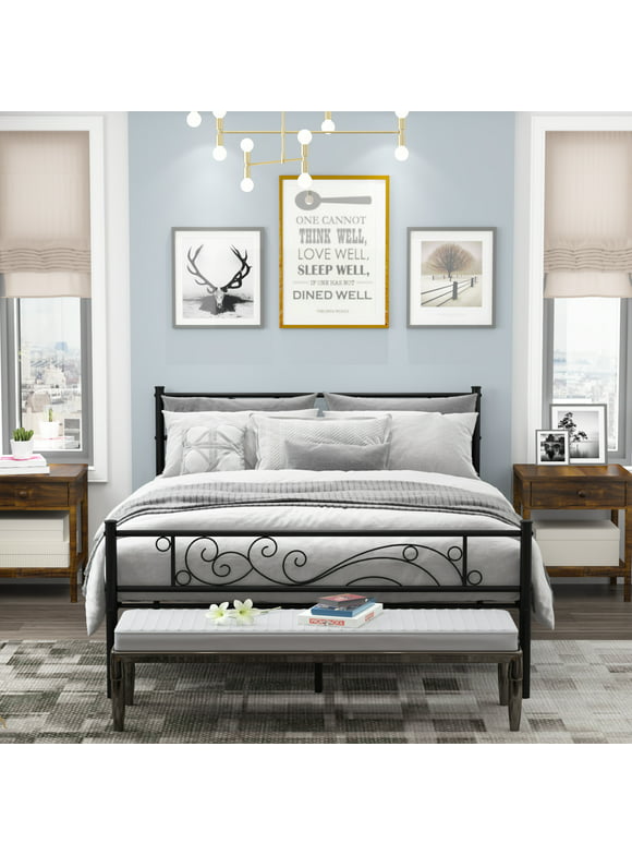 Yoneston Full Size Platform Metal Bed Frame with Wave Headboard & Footboard Bedroom Steel Bed Frame, Black