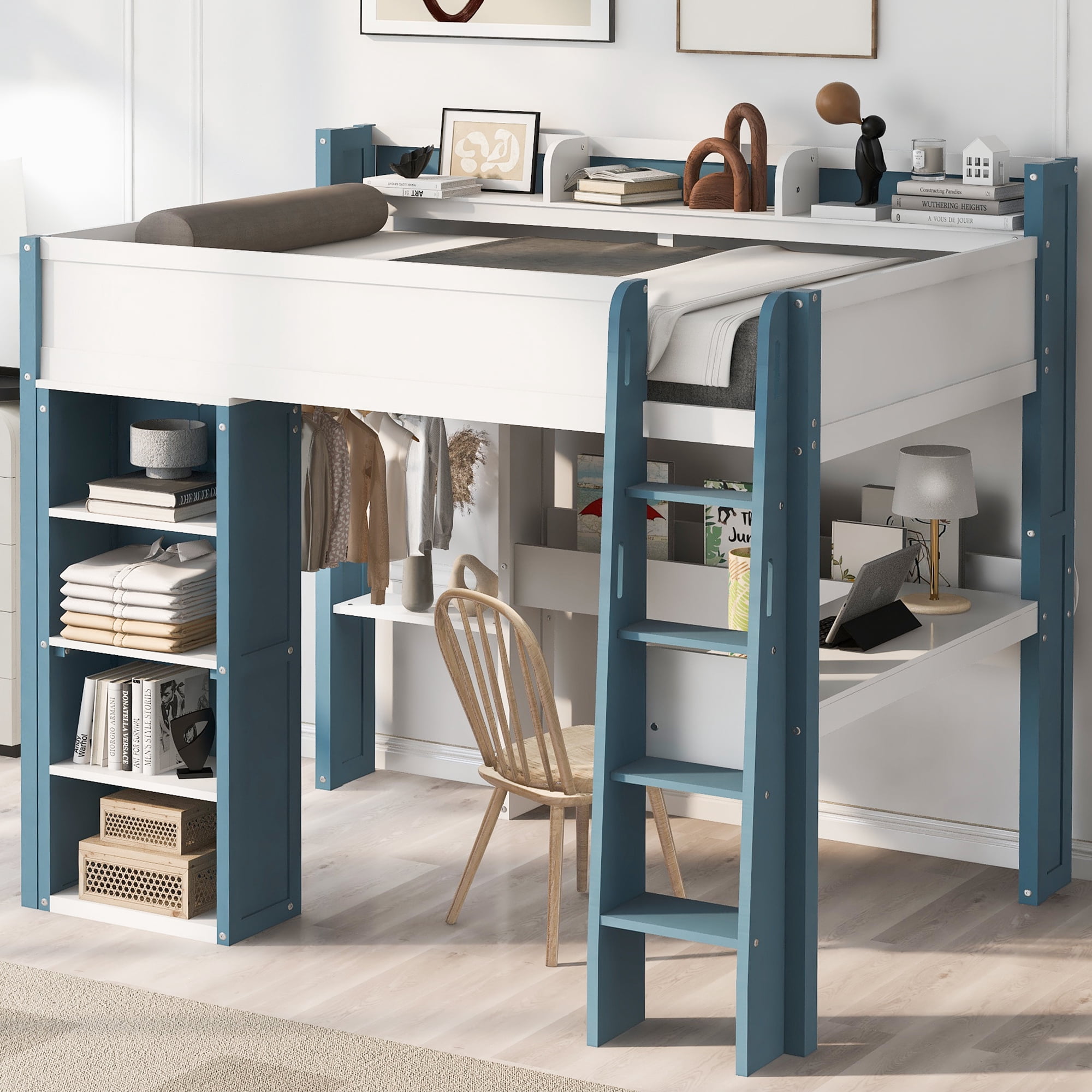 Yoneston Full Wooden Loft Bed with Built-in Storage Shelves, Desk, Clothes Rails & Bookshelves for Kids Bedroom, White & Blue