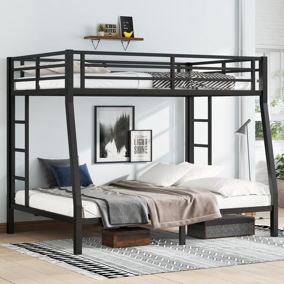 Mintazer Full XL Over Queen Metal Bunk Bed with 2 Side Ladders & Guardrails for Teens Adults Bedroom Dorm, Black
