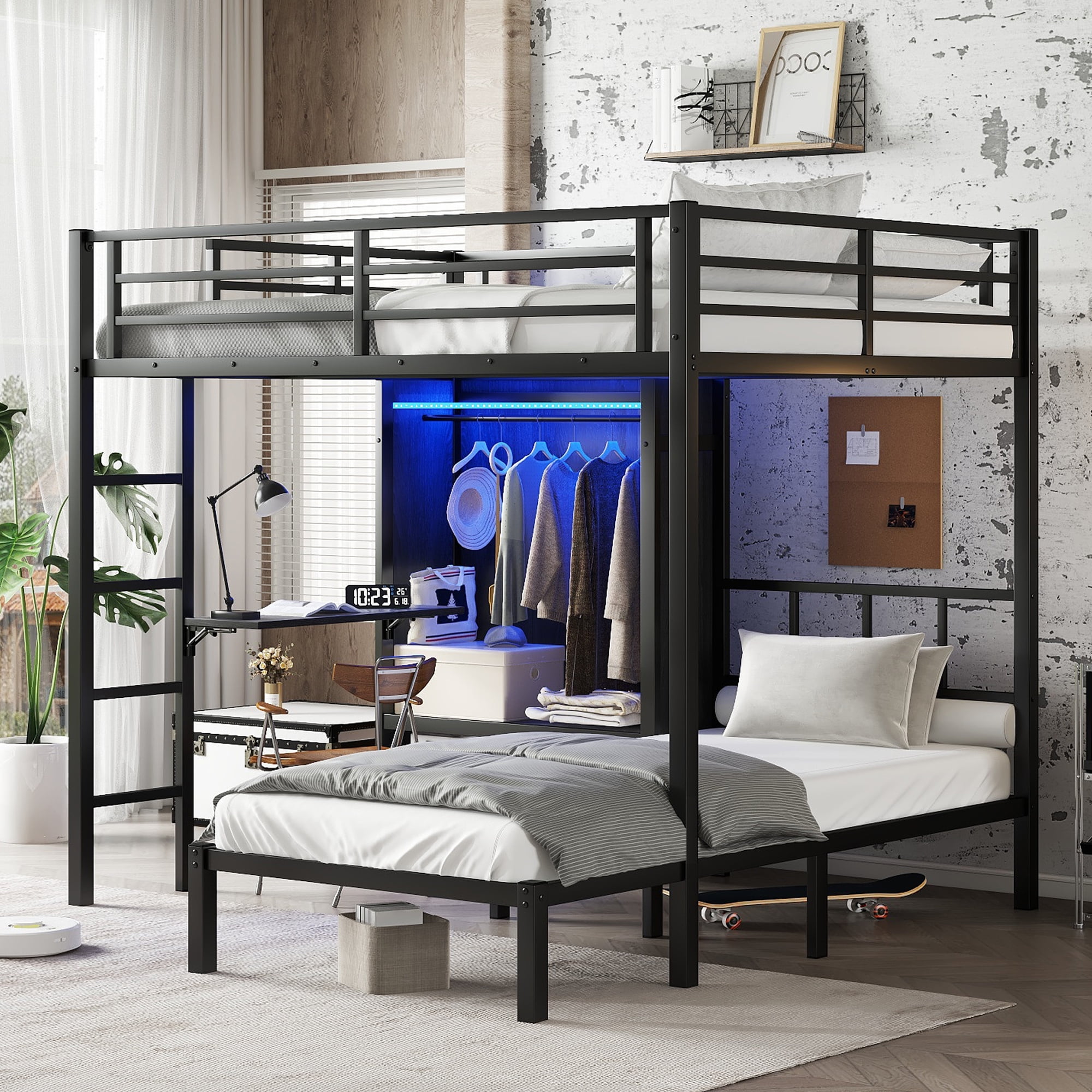 Mintazer Full XL over Twin Metal Loft Bed with Folding Desk and LED Closet for Teens, Kids, Black
