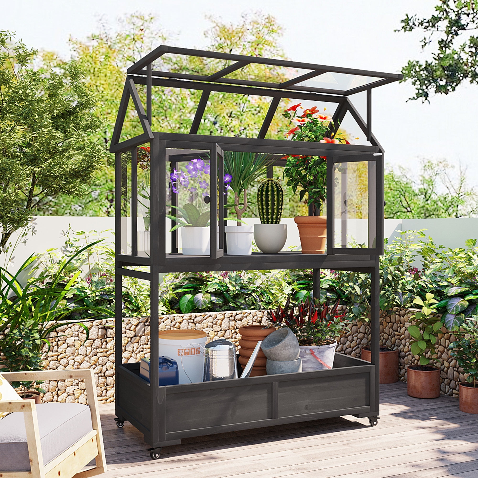 Yoneston Garden Wood Portable Cold Frame with Movable Wheels Mini