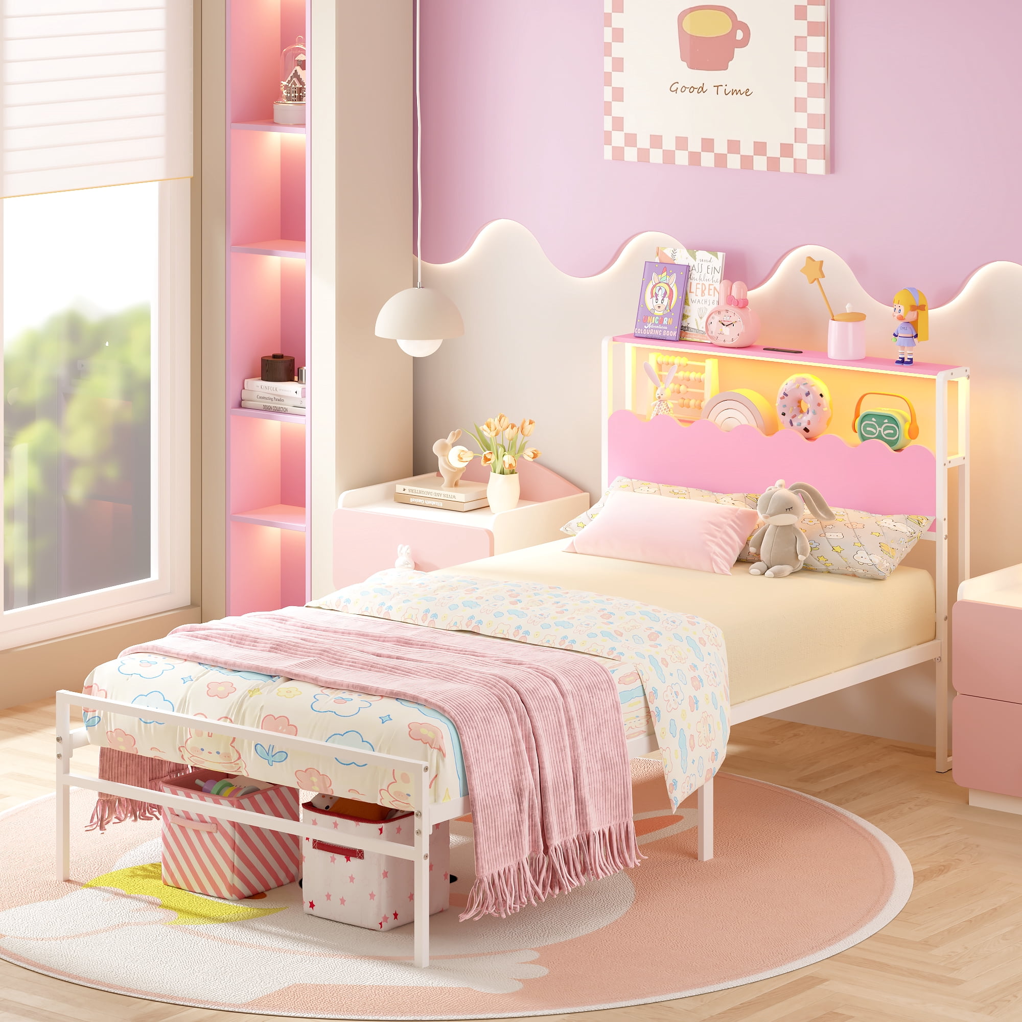 Yoneston Girl’s Twin Size Metal Platform Bed with Wave Shaped 2-Tier Storage Headboard, LED Light & Power Station for Kids, Teens, Pink & White