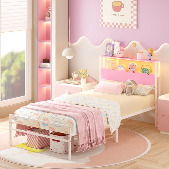 Yoneston Girls Twin Size Metal Platform Bed with Wave Shaped 2-Tier Storage Headboard, LED Light & Power Station for Kids, Teens, Pink & White